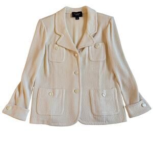 St. John Caviar Knits Blazer Cream Size 12 Made in USA Button Front Retro EUC